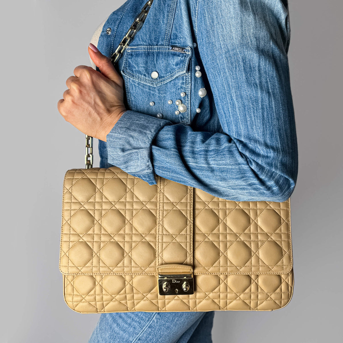 Miss Dior Promenade Large Cannage Lambskin Leather Flap Shoulder Bag Beige