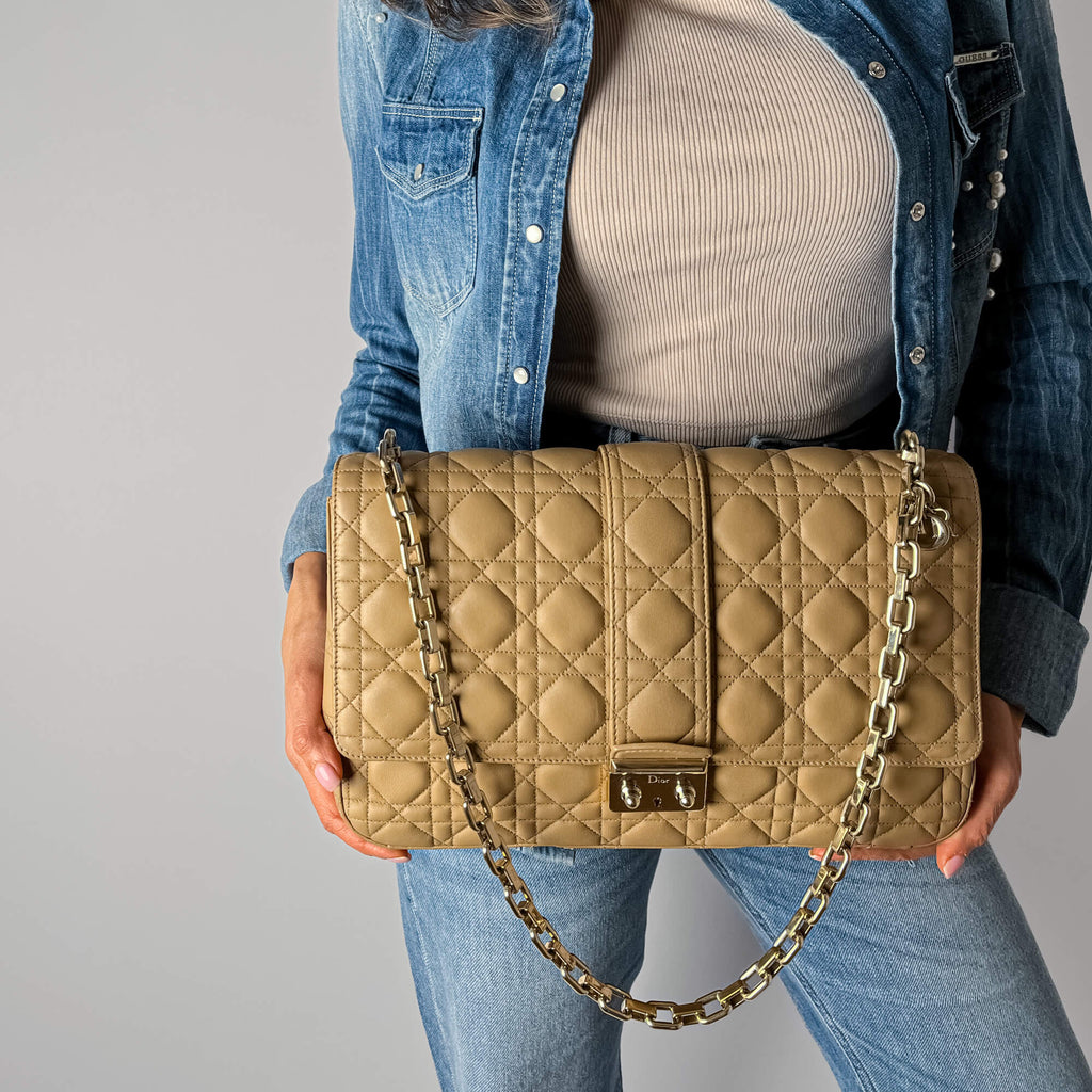 Miss Dior Promenade Large Cannage Lambskin Leather Flap Shoulder Bag Beige