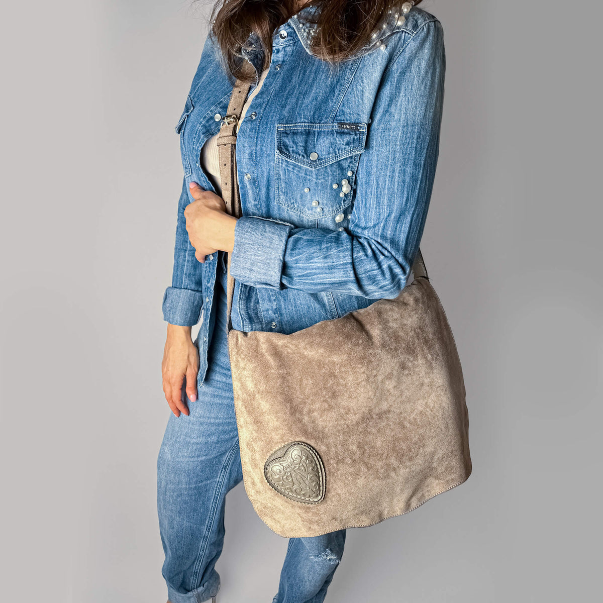 Sac à bandoulière en suède Tribeca beige 