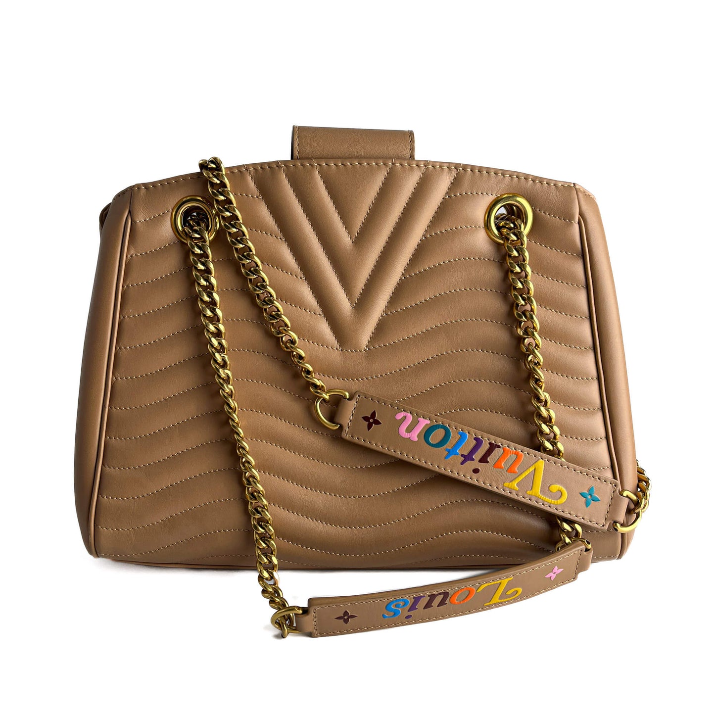 New Wave Chain Smooth Calfskin Leather Quilted Tote Shoulder Bag Noisette