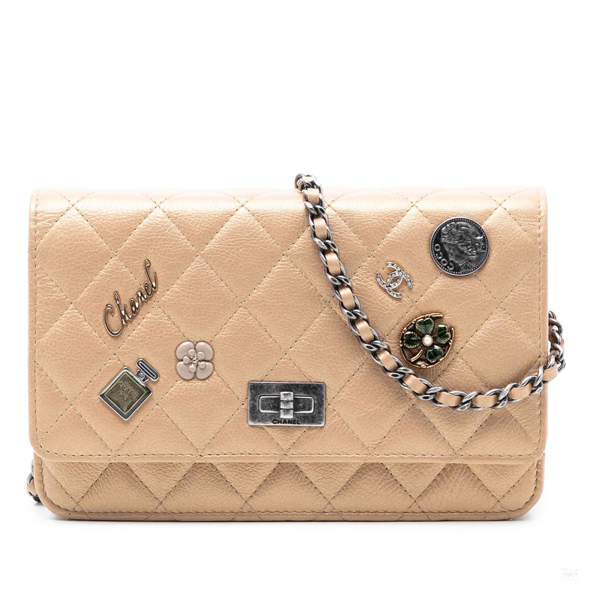 322603123 Chanel Quilted Aged Calfskin Reissue 2.55 Lucky Charms Wallet On Chain Beige 1