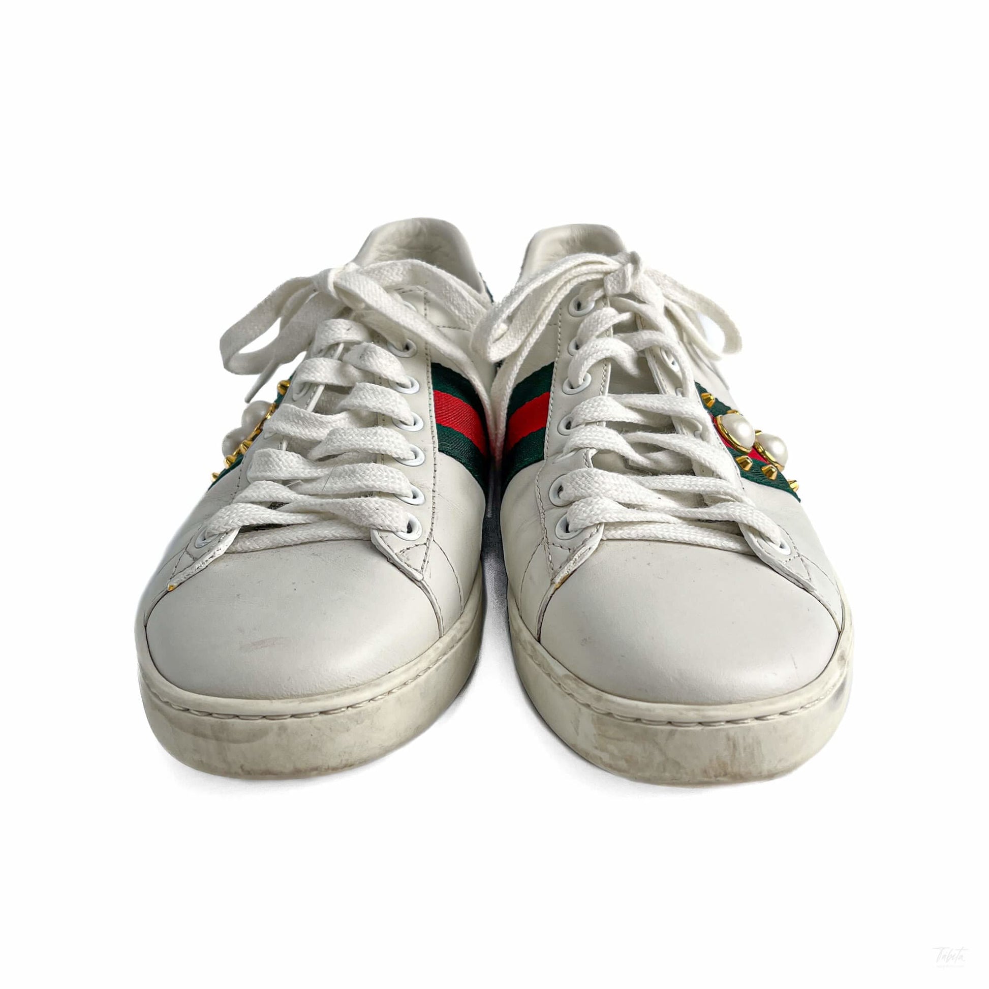 322605011 Gucci Ace Pearls Leather Striped Sneakers 37 White (3)