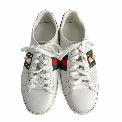 322605011 Gucci Ace Pearls Leather Striped Sneakers 37 White (4)