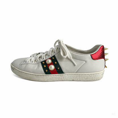 322605011 Gucci Ace Pearls Leather Striped Sneakers 37 White (6)