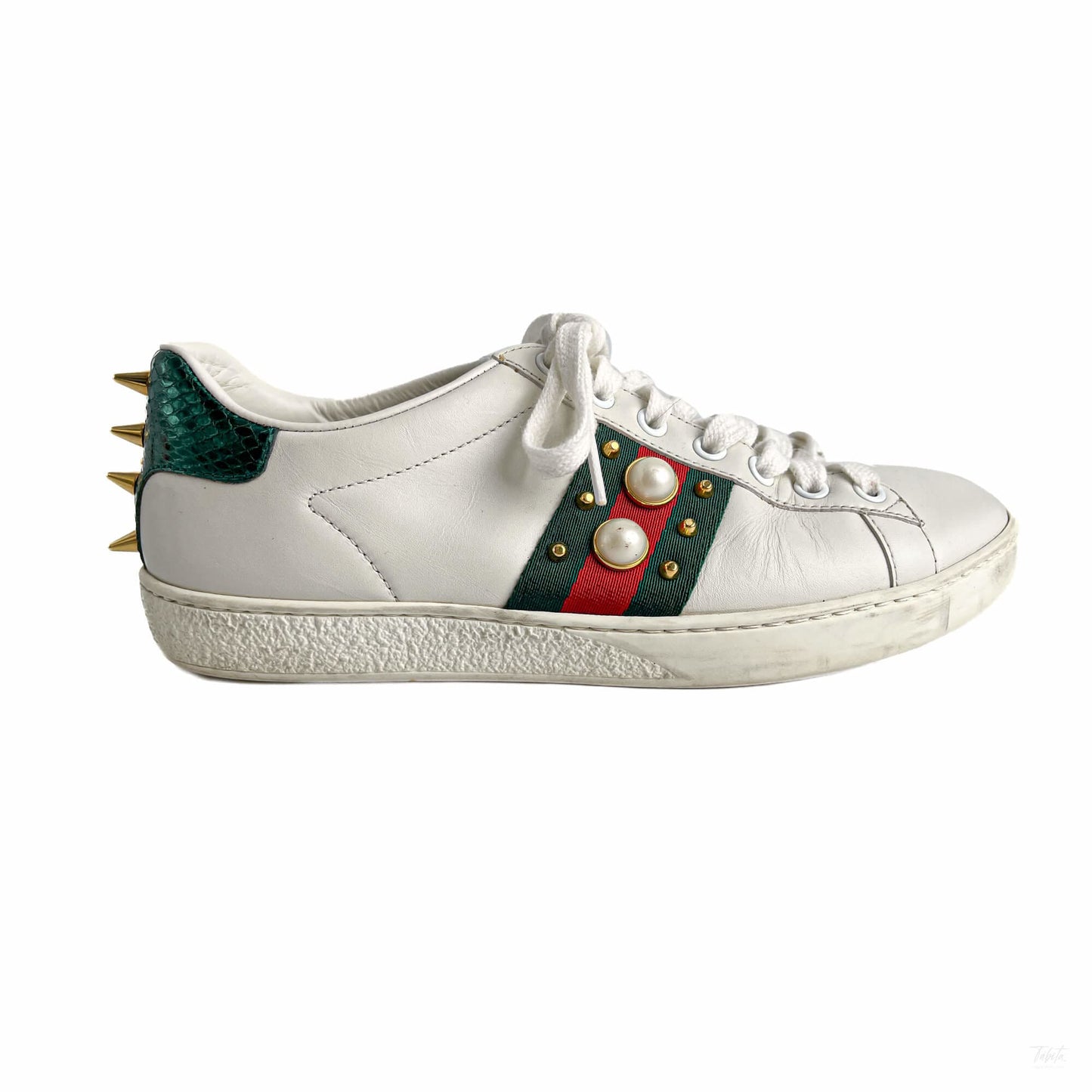 322605011 Gucci Ace Pearls Leather Striped Sneakers 37 White (8)