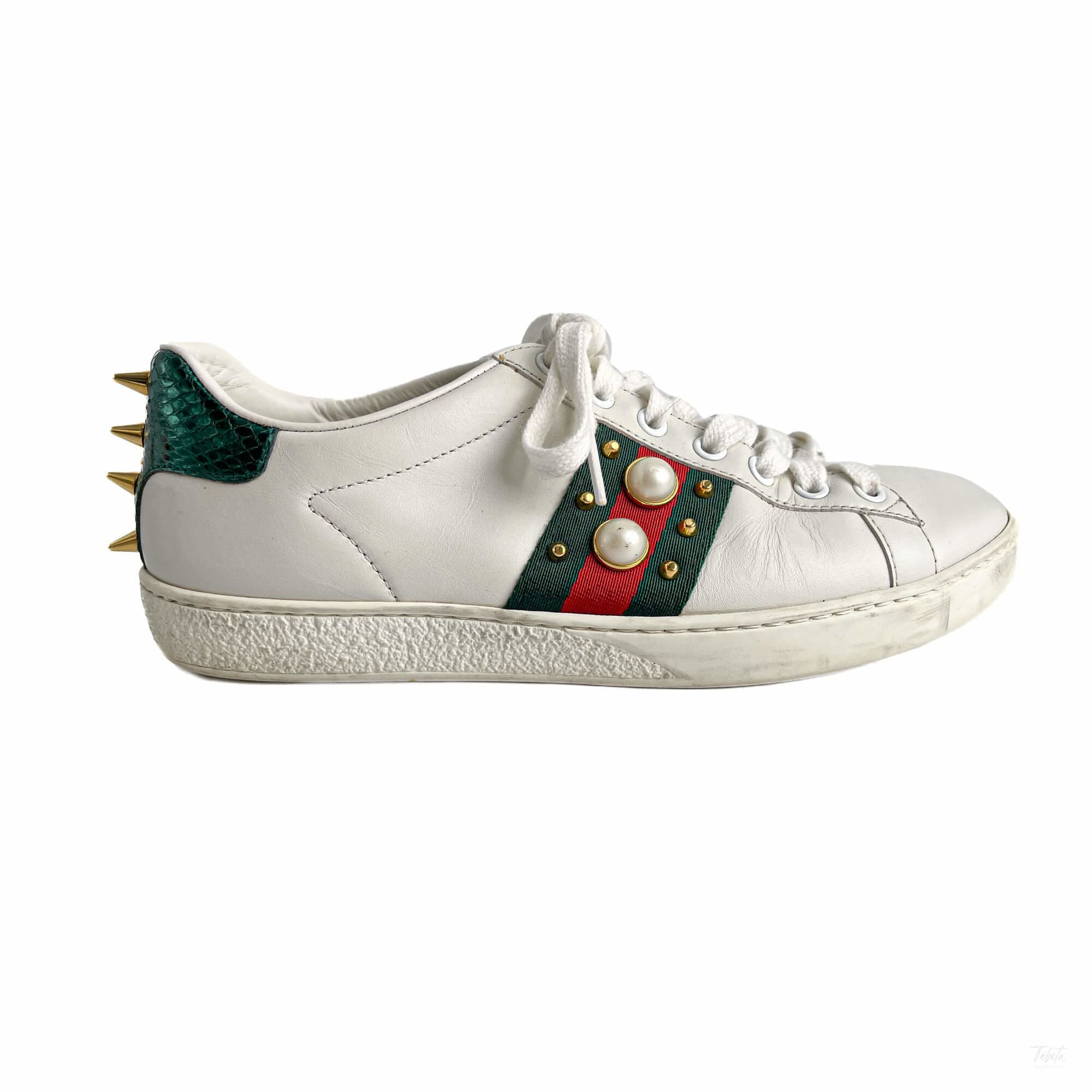 322605011 Gucci Ace Pearls Leather Striped Sneakers 37 White (8)