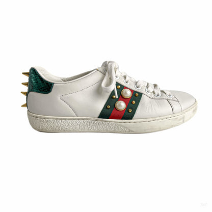 322605011 Gucci Ace Pearls Leather Striped Sneakers 37 White (8)