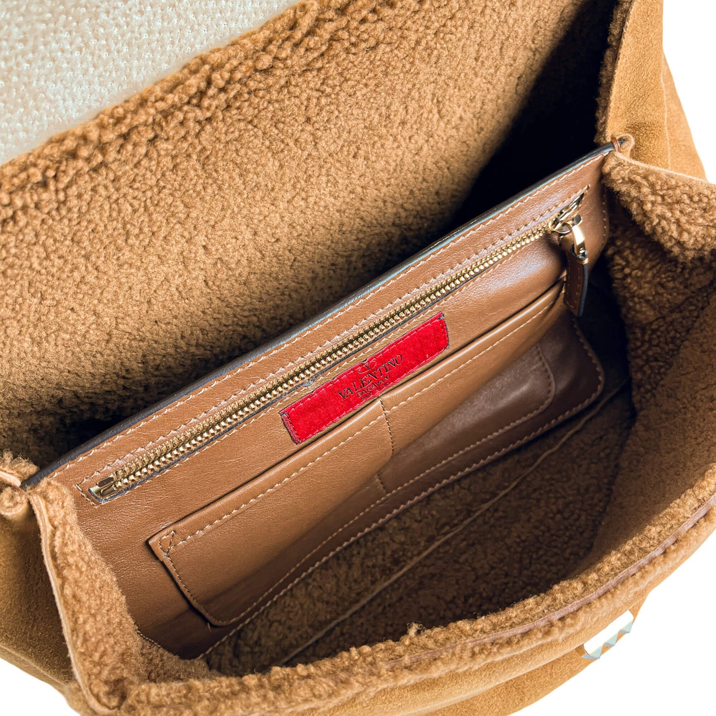 Rockstud Winter Medium Suede & Shearling Tote Shoulder Bag Caramel