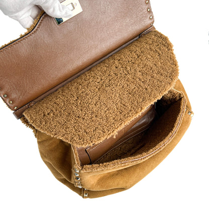 Rockstud Winter Medium Suede & Shearling Tote Shoulder Bag Caramel