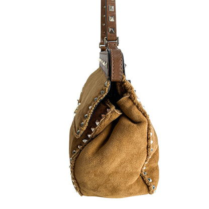 Rockstud Winter Medium Suede & Shearling Tote Shoulder Bag Caramel