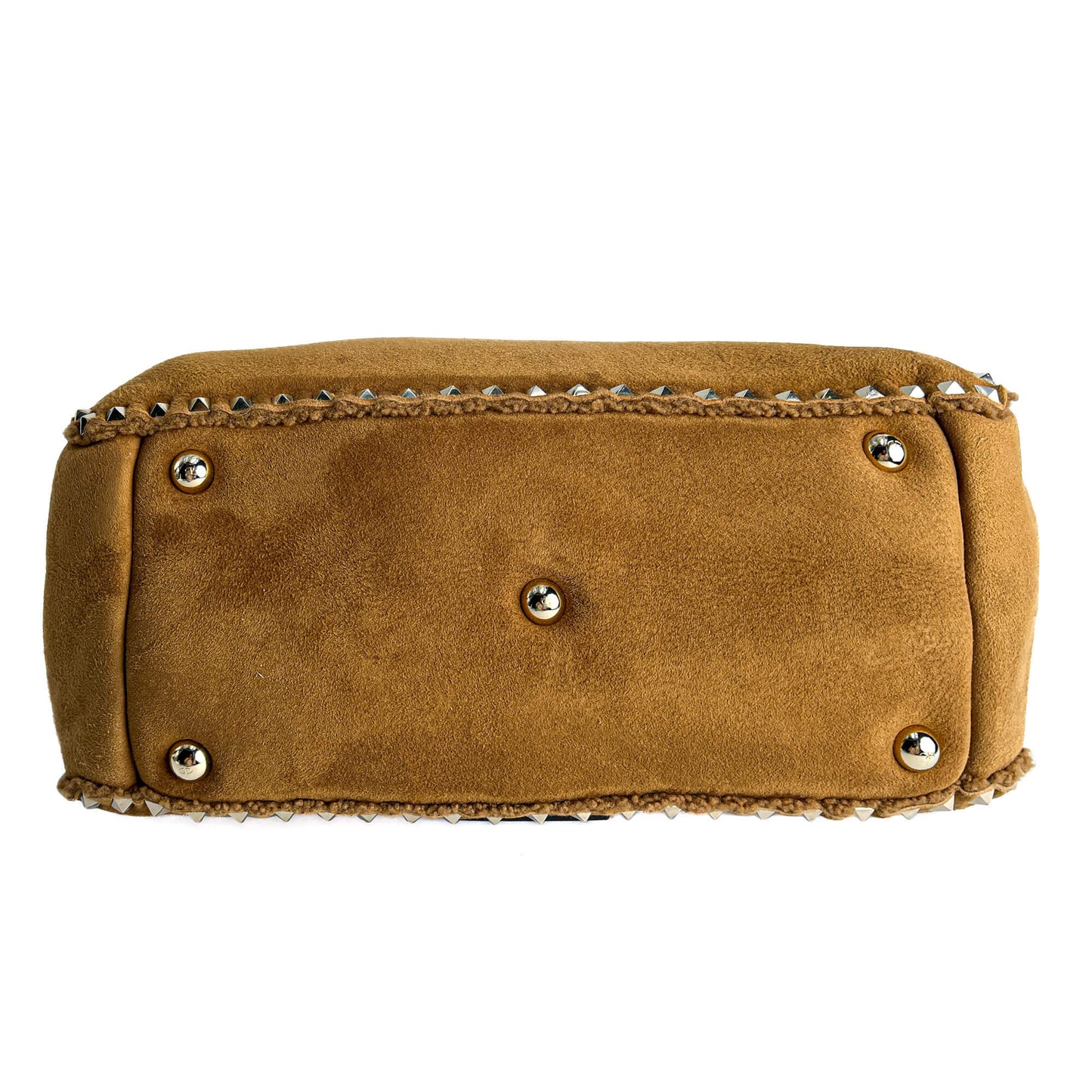 Rockstud Winter Medium Suede & Shearling Tote Shoulder Bag Caramel