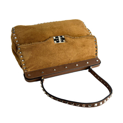 Rockstud Winter Medium Suede & Shearling Tote Shoulder Bag Caramel