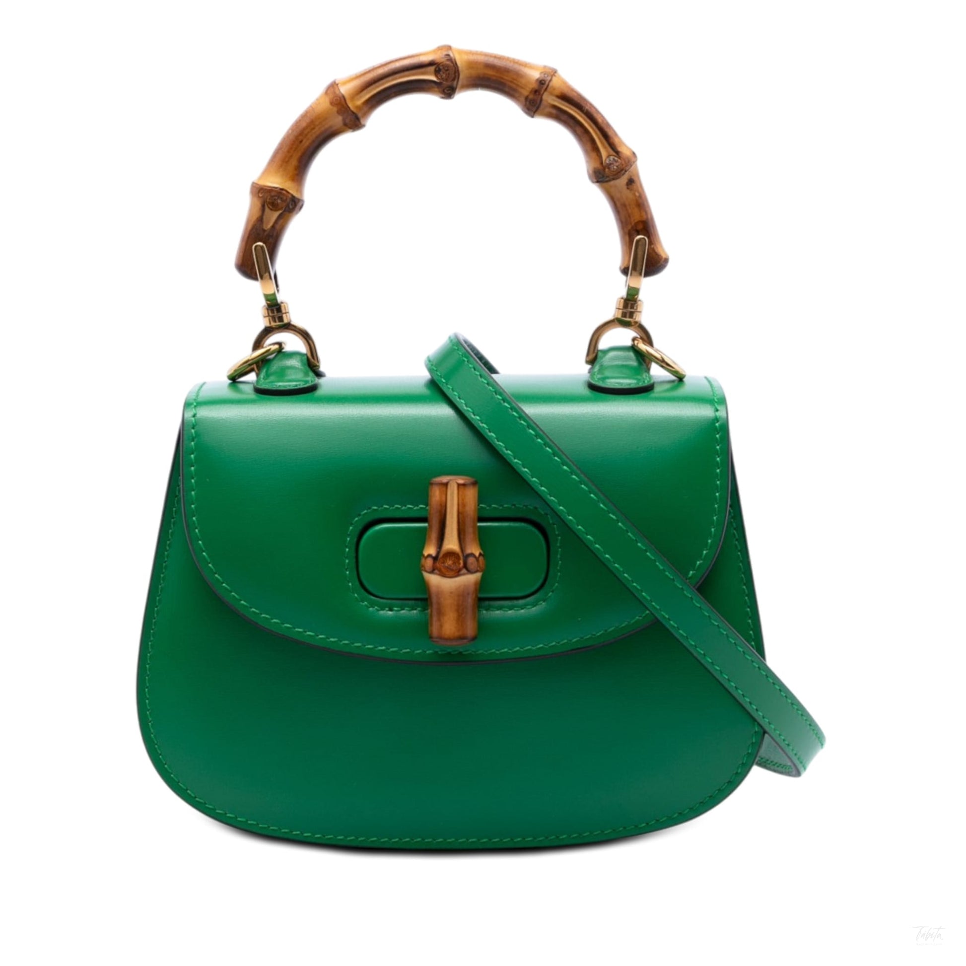 322606028 Gucci Mini Calfskin 1947 Bamboo Top Handle Bag Green 1