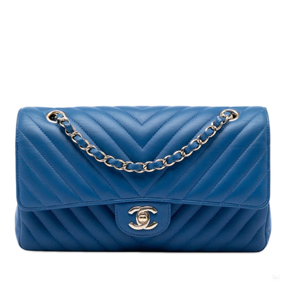 322606090 Chanel Medium Classic Chevron Lambskin Double Flap Blue 1