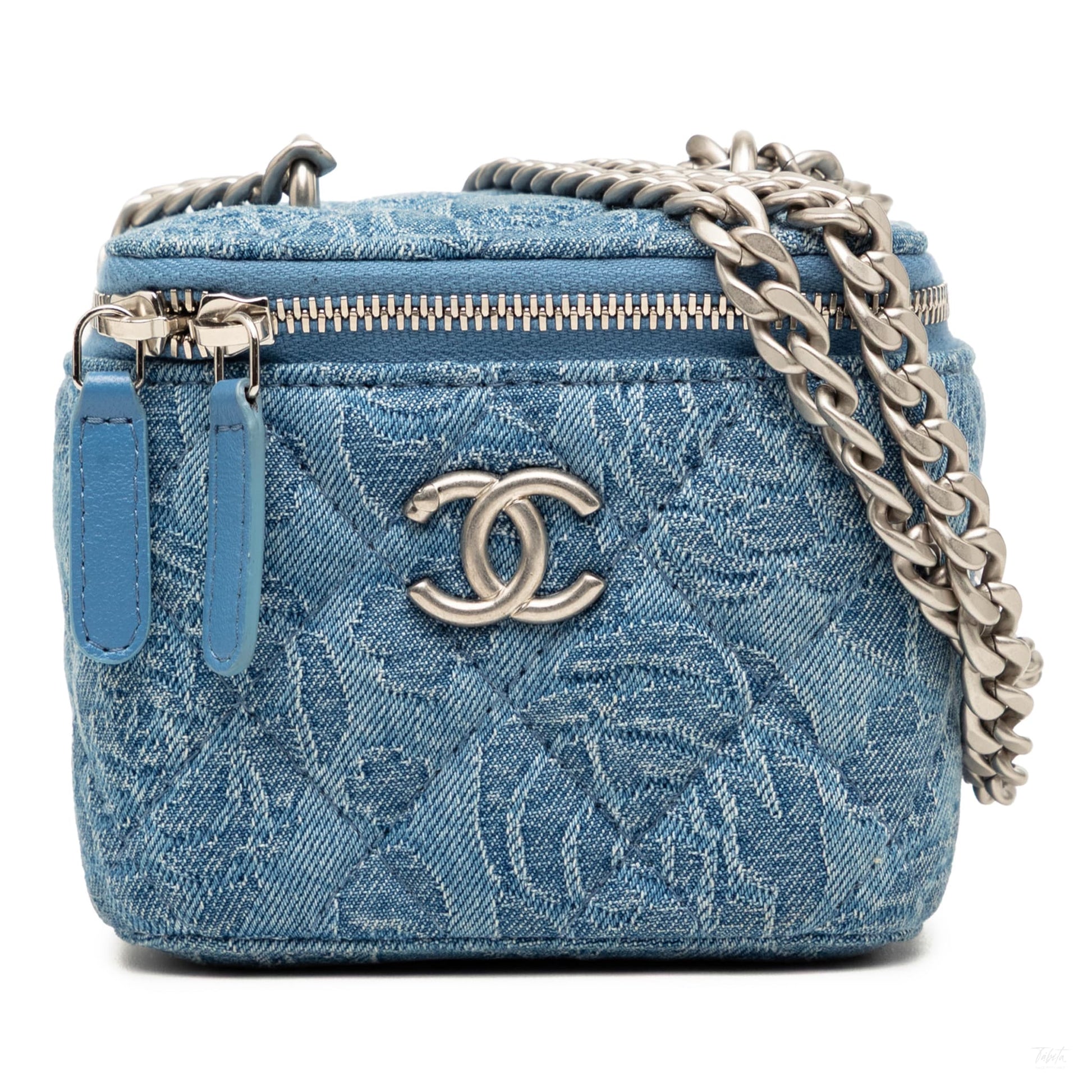 322606107 Chanel Mini Quilted Denim Camellia Sweetheart Vanity Case With Chain Blue 1