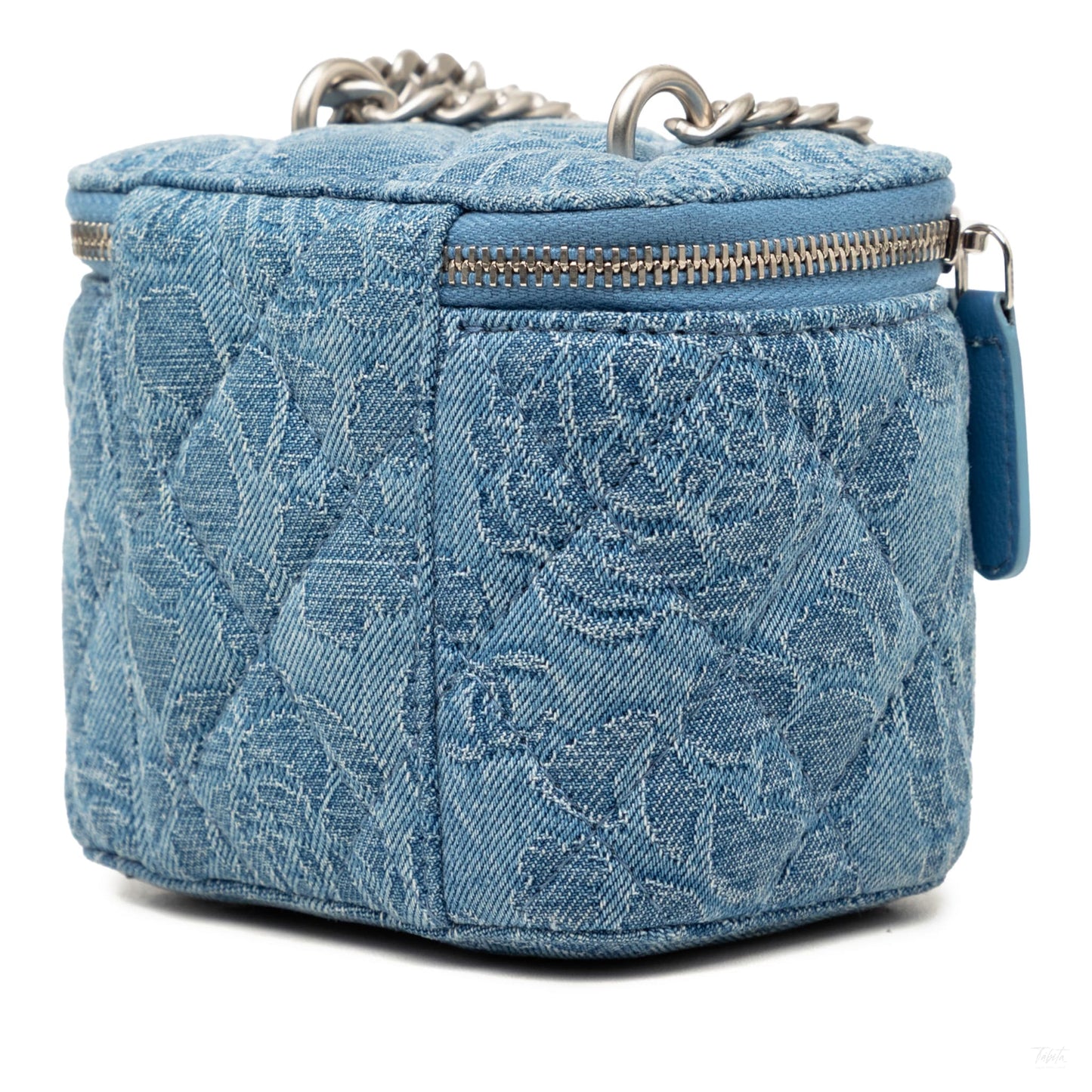 322606107 Chanel Mini Quilted Denim Camellia Sweetheart Vanity Case With Chain Blue 2