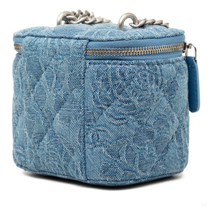 322606107 Chanel Mini Quilted Denim Camellia Sweetheart Vanity Case With Chain Blue 2