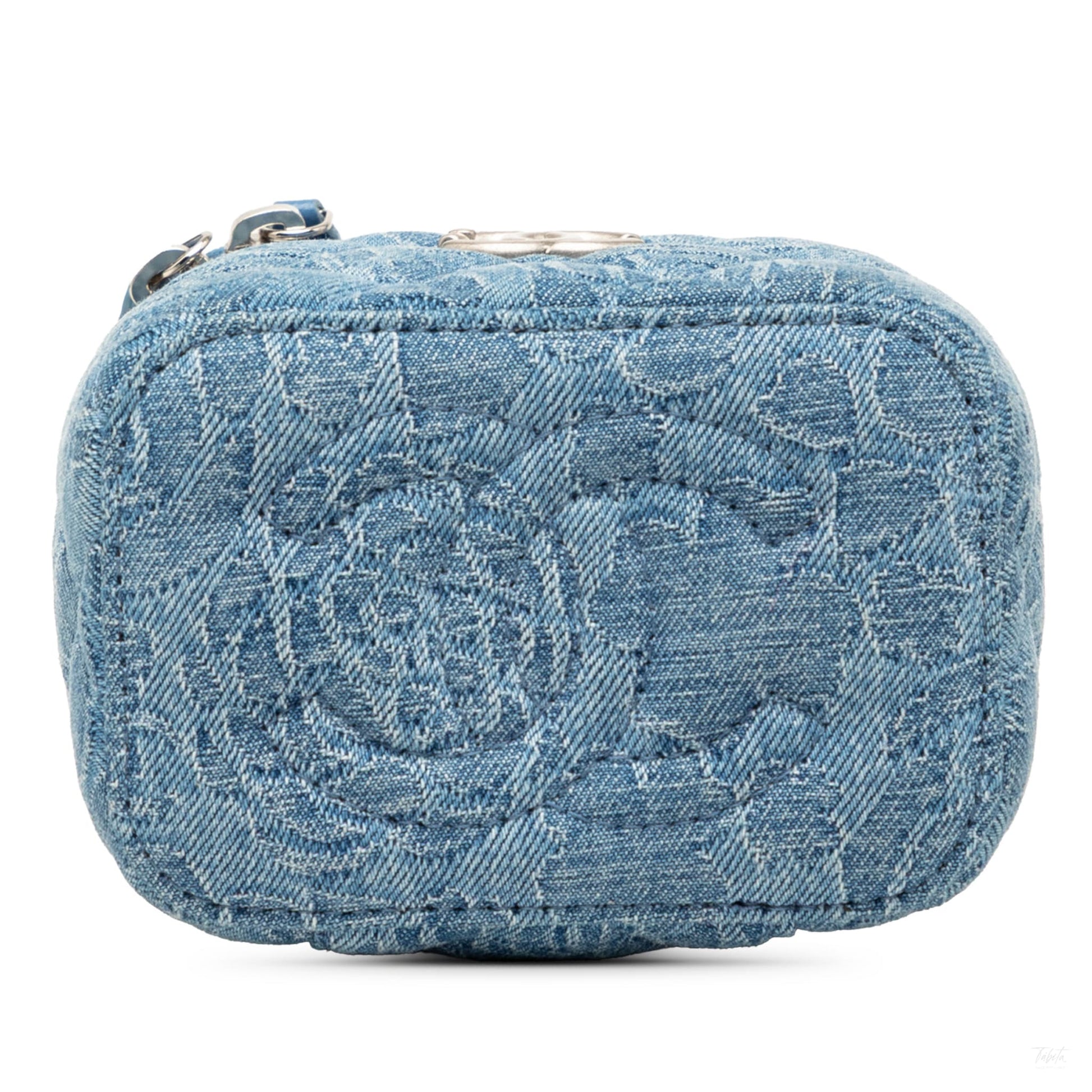 322606107 Chanel Mini Quilted Denim Camellia Sweetheart Vanity Case With Chain Blue 3