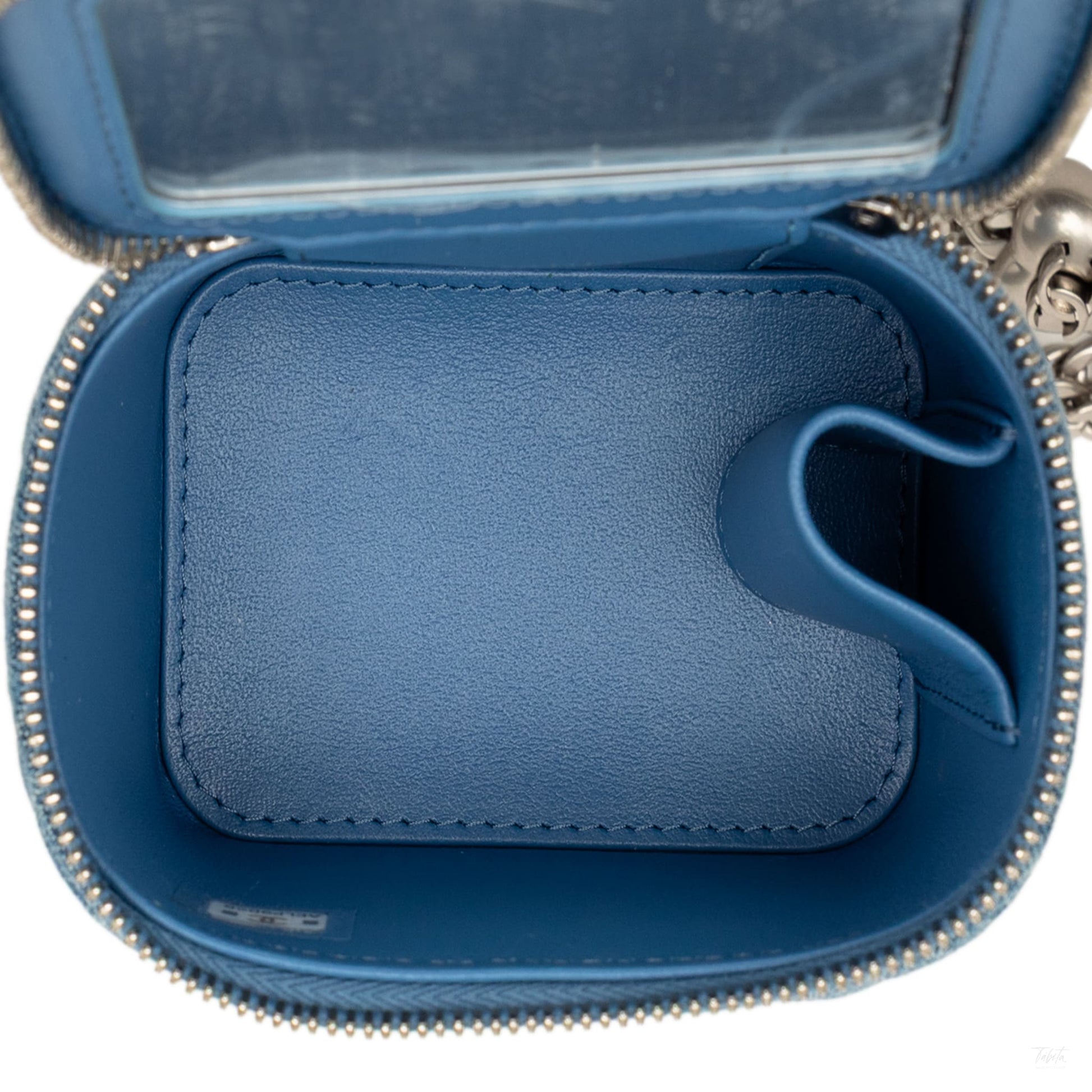 322606107 Chanel Mini Quilted Denim Camellia Sweetheart Vanity Case With Chain Blue 4