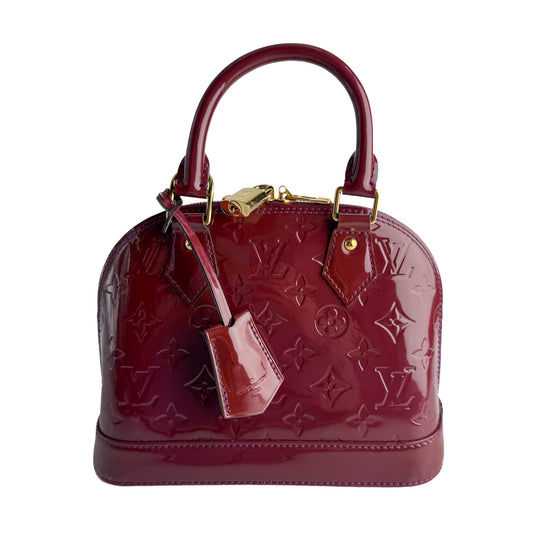 Alma BB Monogram Vernis Leather 2-Ways Top-handle Handbag Cherry Red