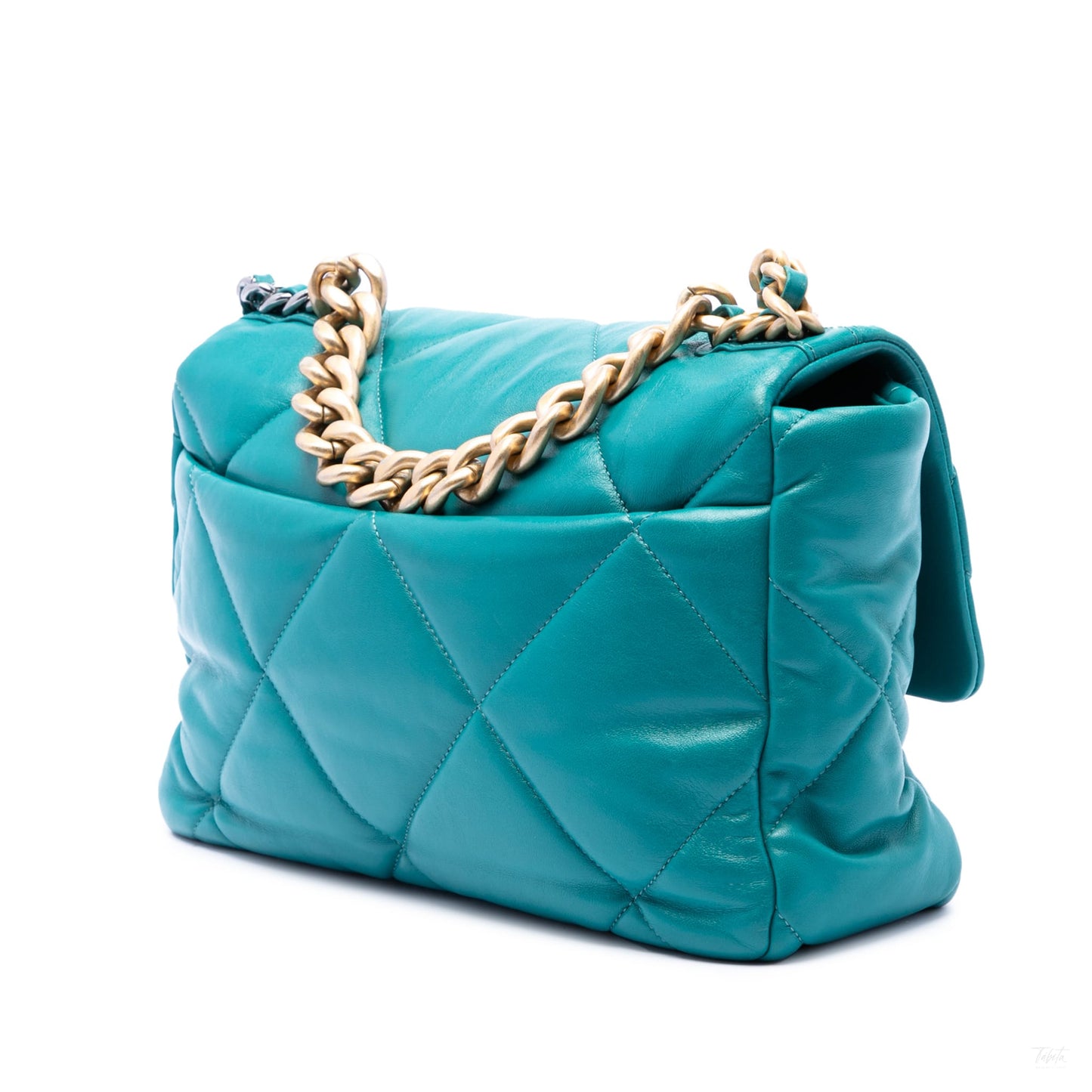 322606116 CHANEL 19 Large Lambskin Leather Matelassè Flap Handbag Blue 2