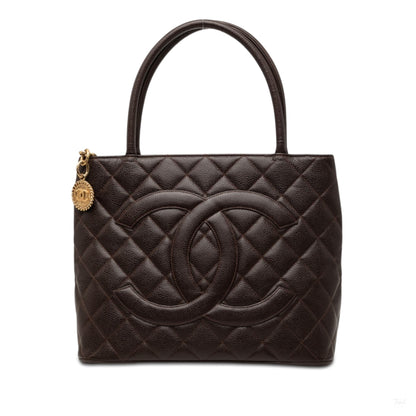 322606130 Vintage Medallion Caviar Leather Quilted Tote Handbag Brown 1