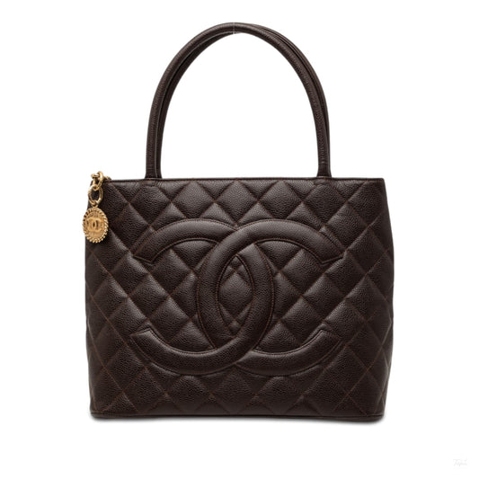 322606130 Vintage Medallion Caviar Leather Quilted Tote Handbag Brown 1