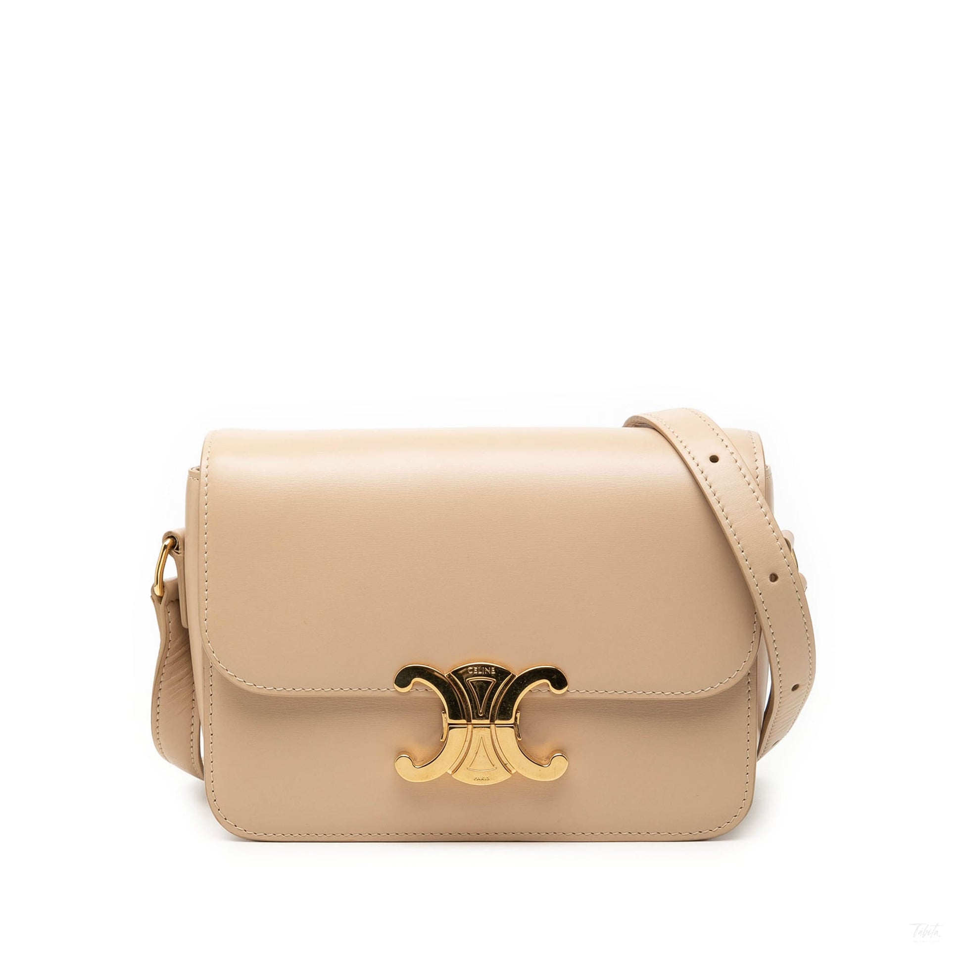 322606135 Triomphe Teen Shiny Calfskin Leather Flap Crossbody Beige 1