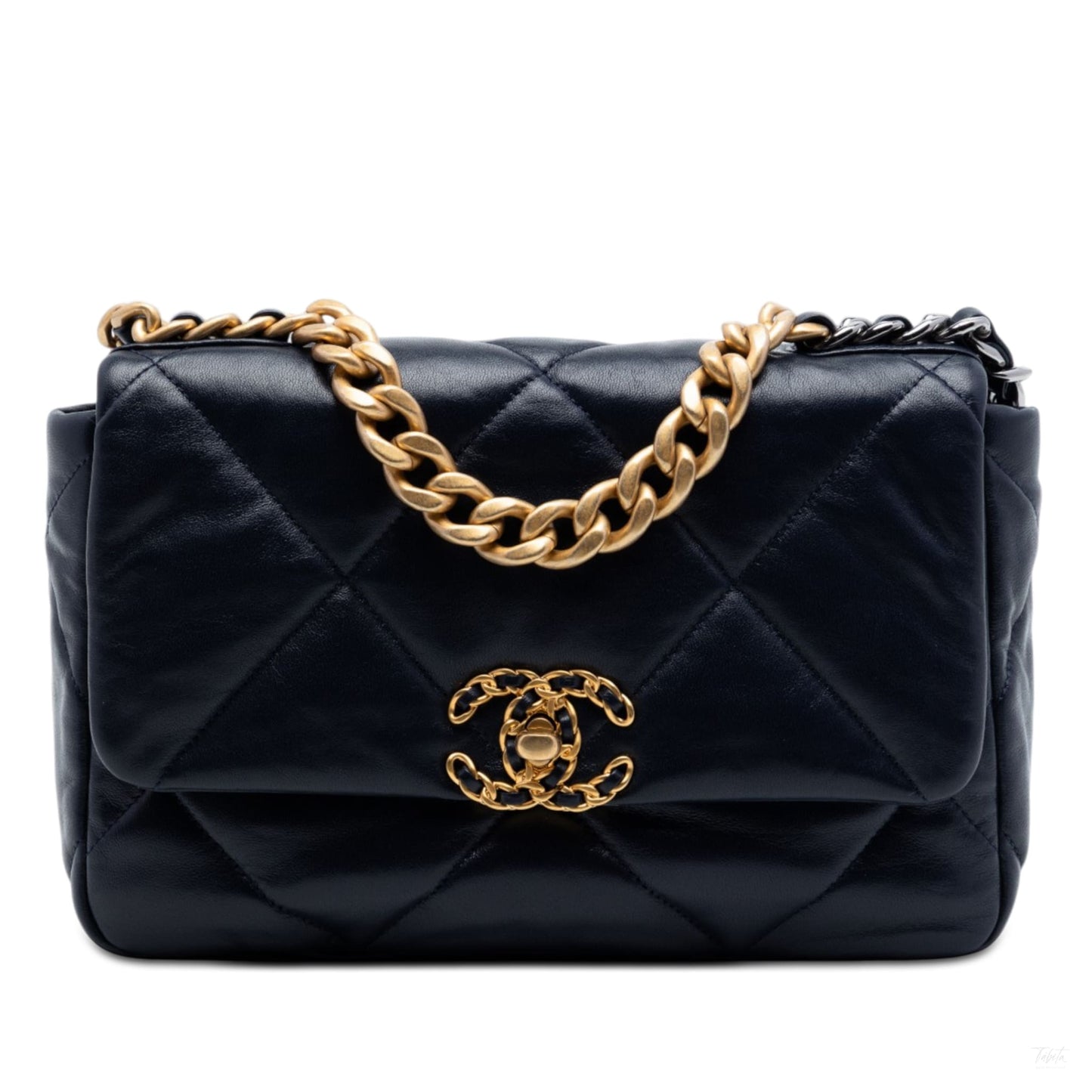 322606136 CHANEL 19 Medium Lambskin Leather Matelassè Flap Handbag Blue 1