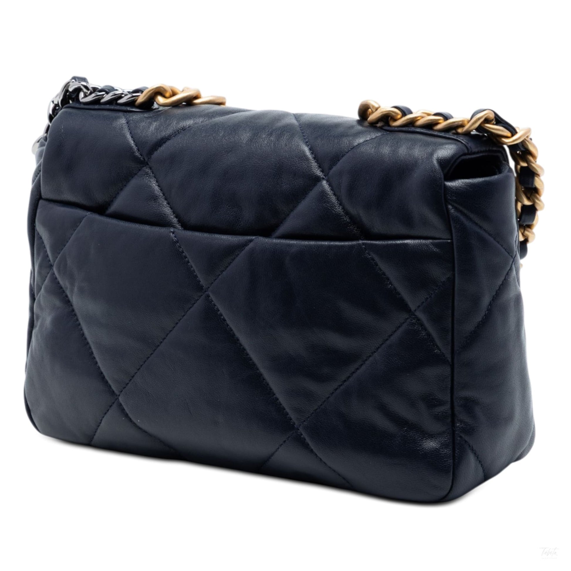 322606136 CHANEL 19 Medium Lambskin Leather Matelassè Flap Handbag Blue 2