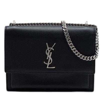 Sunset Grained Calfskin Leather Flap Crossbody Black