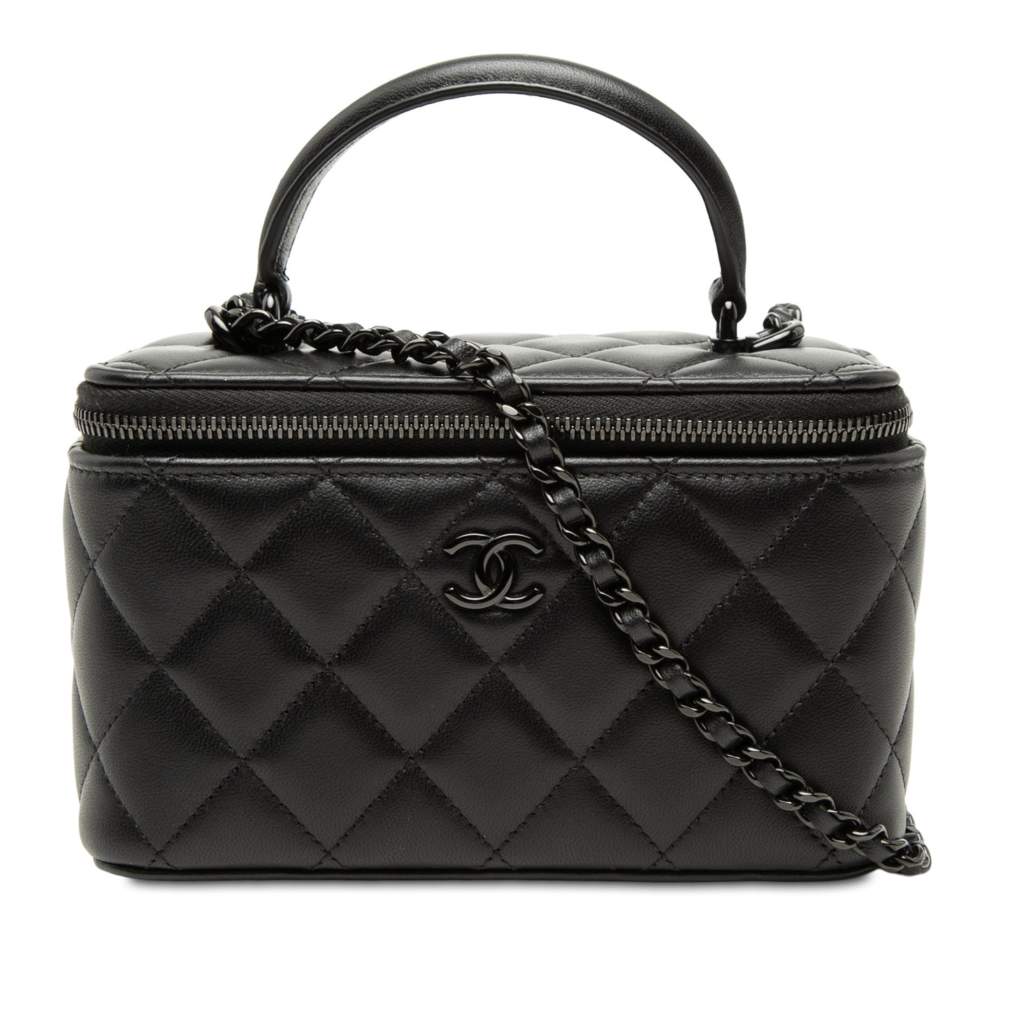 Vanity Case Small Lambskin Leather So Black Quilted with Chain Handbag Black