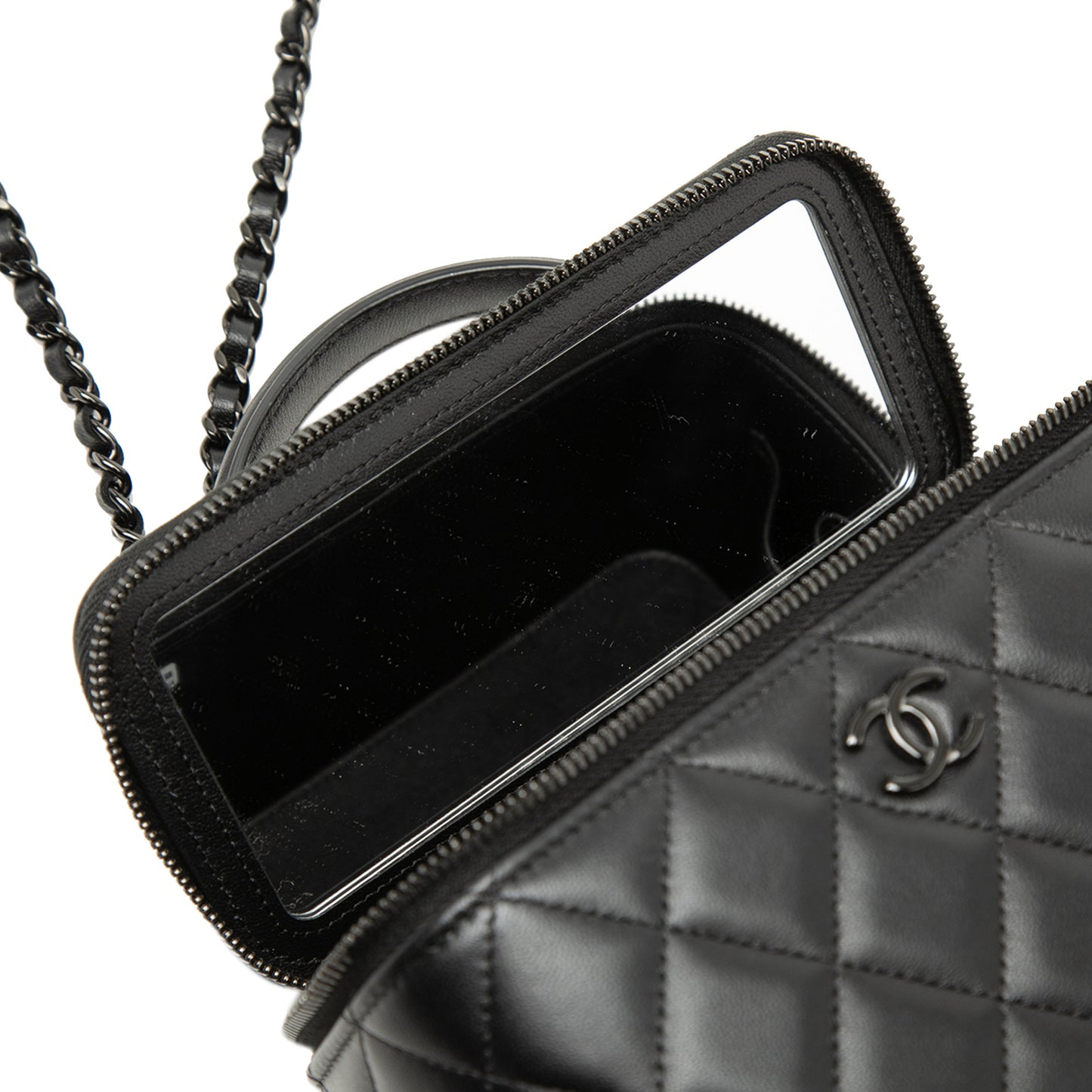 Vanity Case Small Lambskin Leather So Black Quilted with Chain Handbag Black