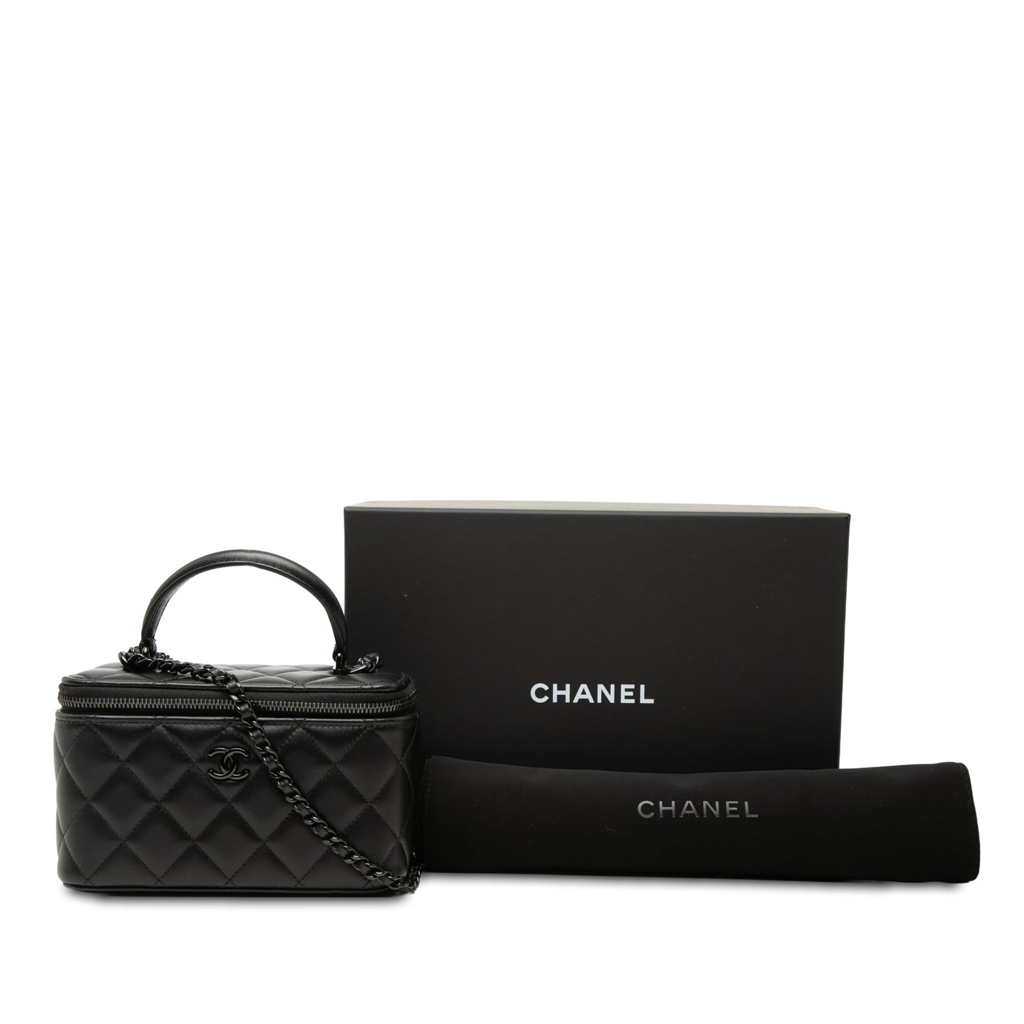 Vanity Case Small Lambskin Leather So Black Quilted with Chain Handbag Black