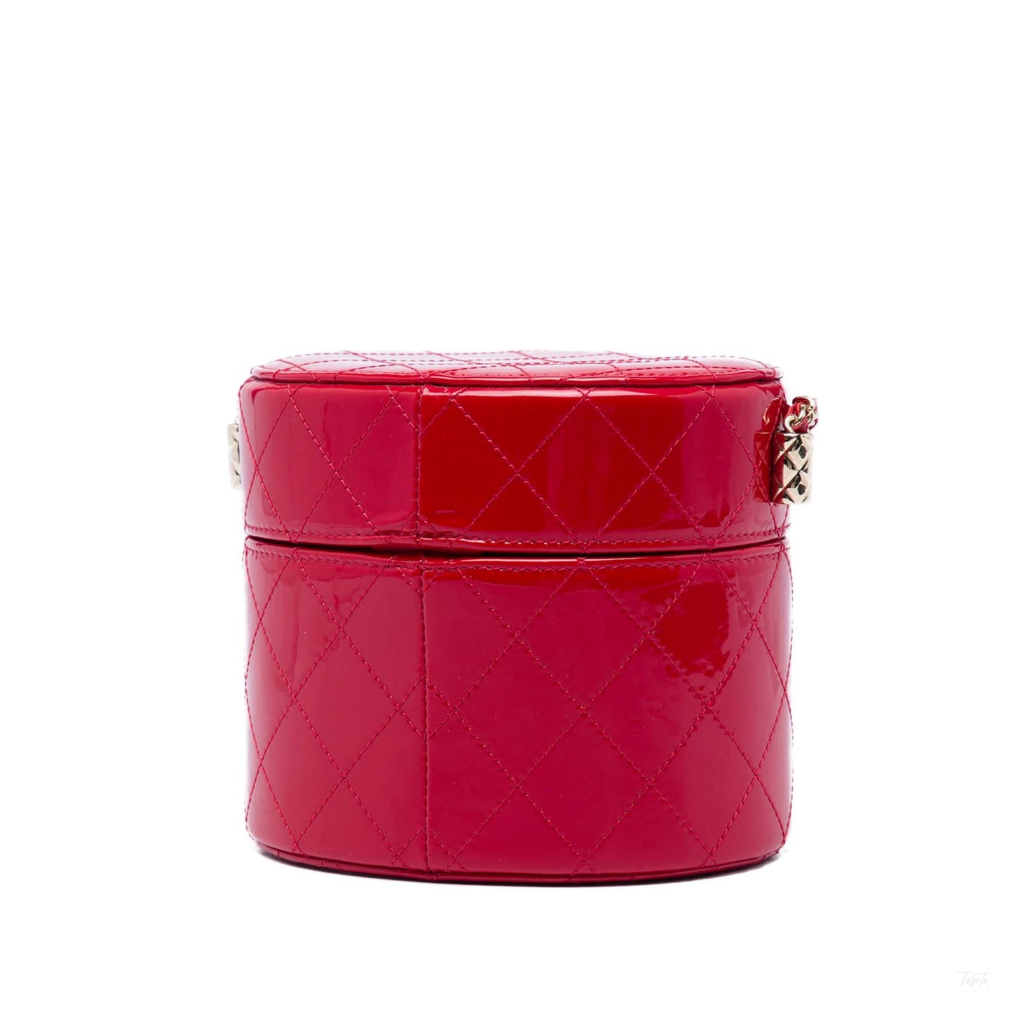 322607007 Vanity Case Patent Leather Round Quilted With Chain Handbag Red 2