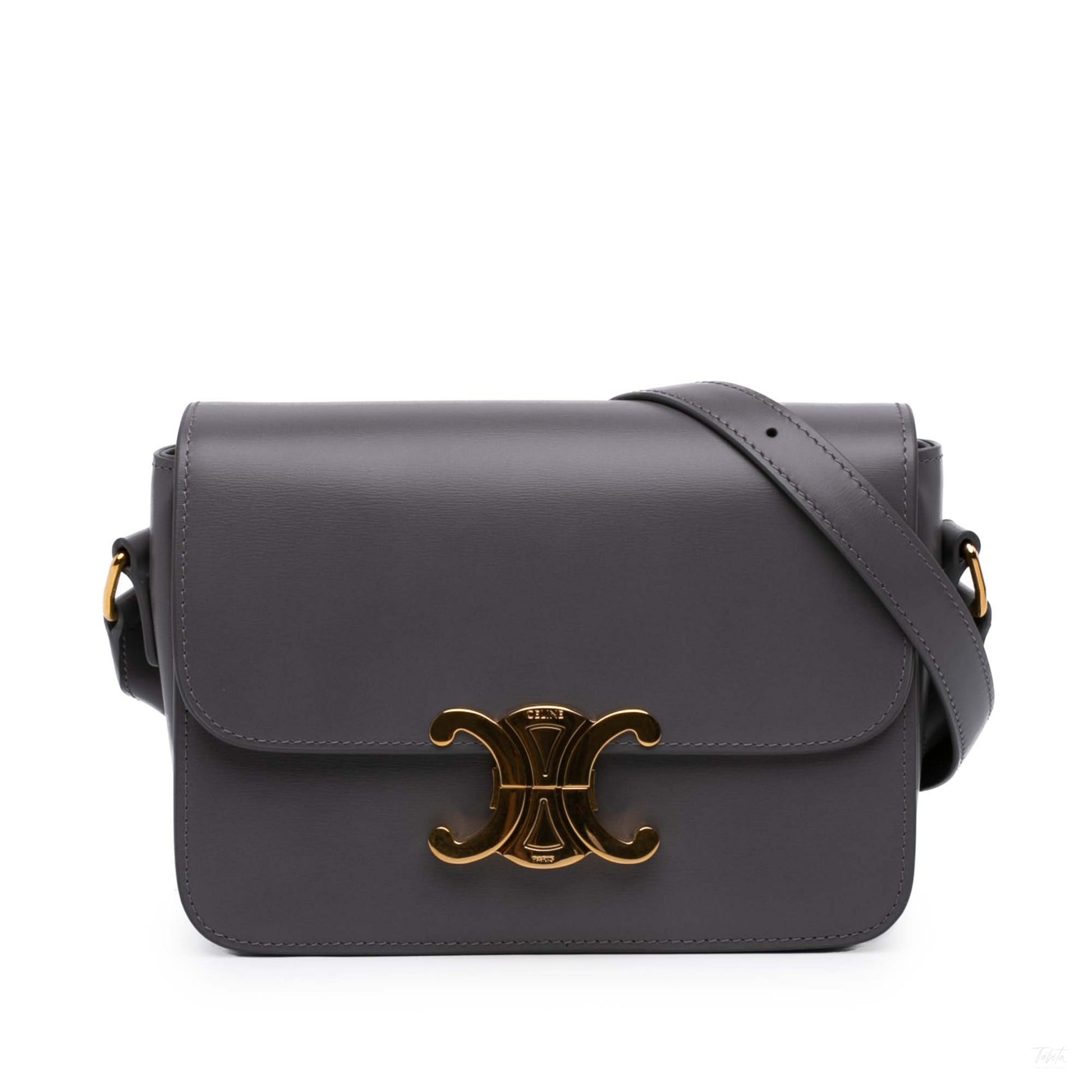322607072 Triomphe Teen Shiny Calfskin Leather Flap Crossbody Grey 1