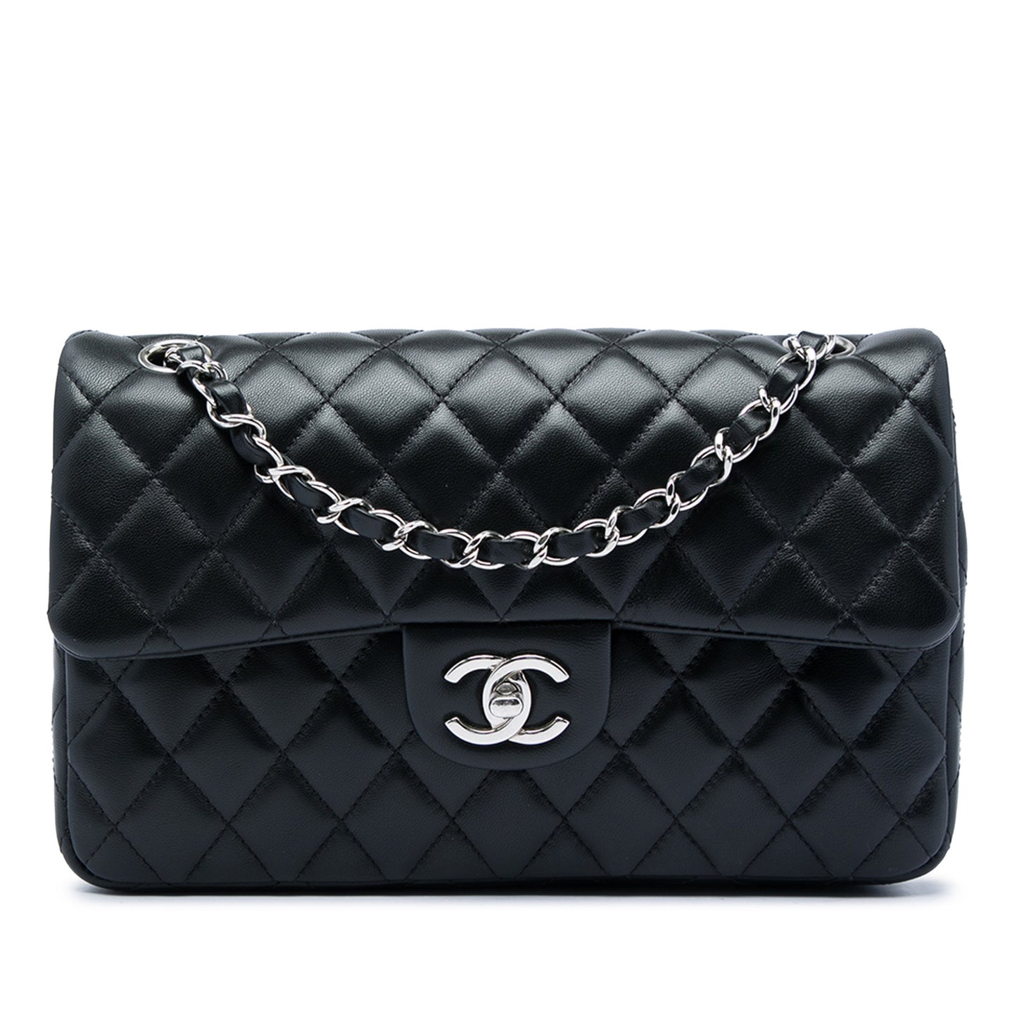 Classic Single Flap Medium Lambskin couro Matelassé Alça bolsa Preto 