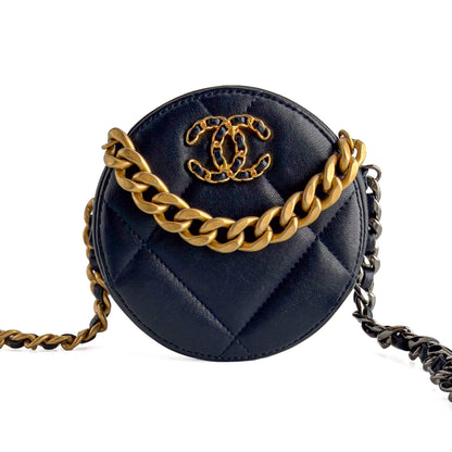 CHANEL Sac à main matelassé en cuir d’agneau 19 Round avec chaînette Clutch Navy 
