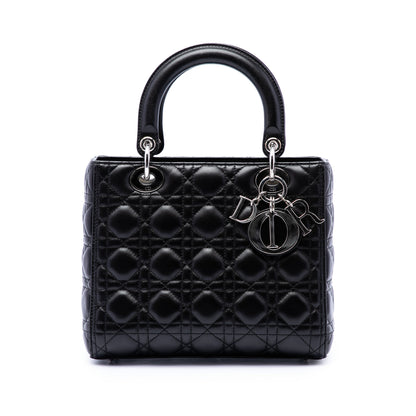 Lady Dior Medium Zip Closure Cannage Lambskin Leather 2-Ways Tote Bag Black