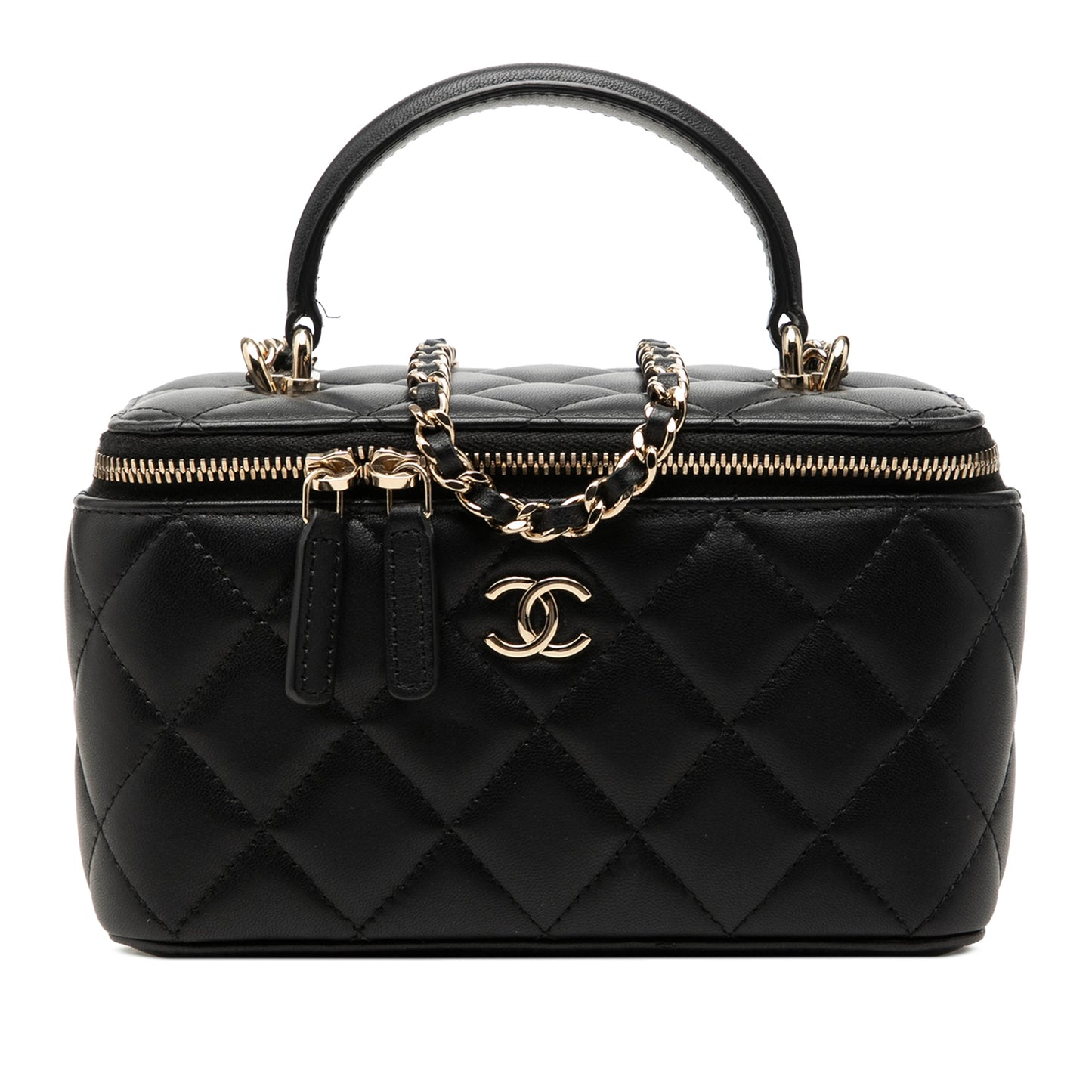 Vanity Case Small Lambskin Leather Quilted with Chain Handbag Black