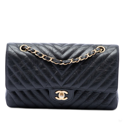 322608024 Classic Double Flap Medium Crumpled Calfskin Leather Chevron Shoulder Bag Black 1