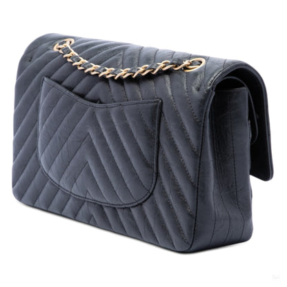322608024 Classic Double Flap Medium Crumpled Calfskin Leather Chevron Shoulder Bag Black 2