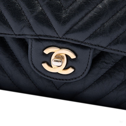 322608024 Classic Double Flap Medium Crumpled Calfskin Leather Chevron Shoulder Bag Black 5