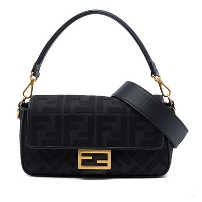 322608054 Zucca Medium Embroidered Canvas Baguette Shoulder Bag Black 1