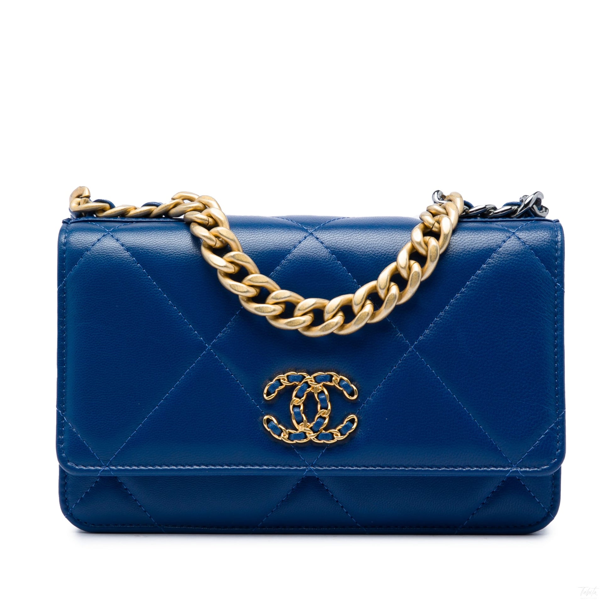 322608055 CHANEL 19 Lambskin Leather Matelassè Wallet on Chain Handbag Blue 1