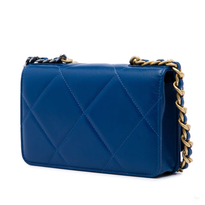 322608055 CHANEL 19 Lambskin Leather Matelassè Wallet on Chain Handbag Blue 2