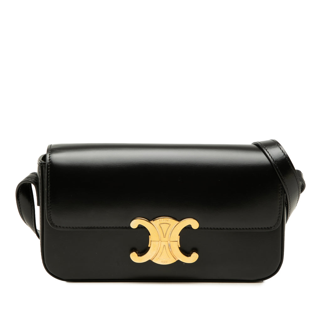 Claude Shiny Calfskin couro Triomphe Flap Shoulder bolsa Black 