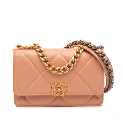 322609052 CHANEL 19 Lambskin Leather Matelassè Wallet on Chain Handbag Pink 1