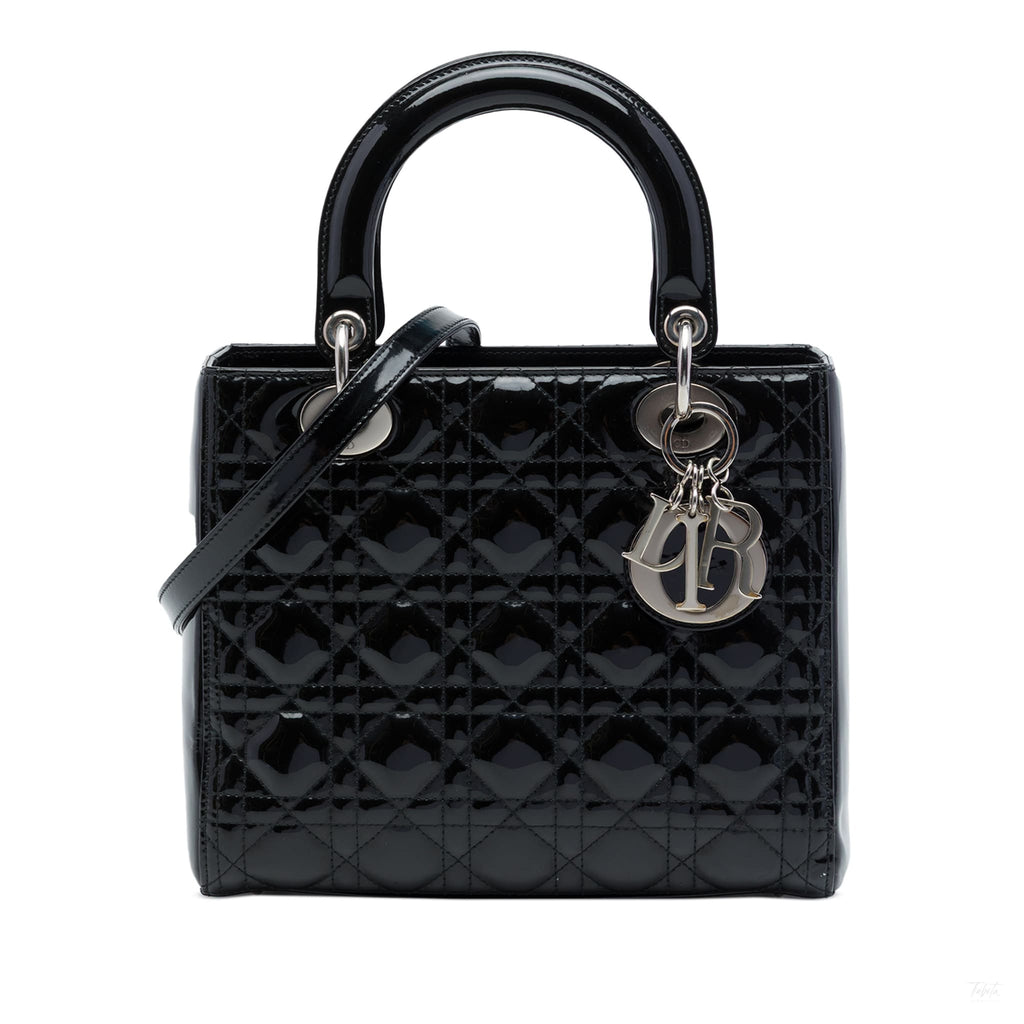 322609081 Lady Dior Medium Patent Leather Cannage Tote Handbag Black 1