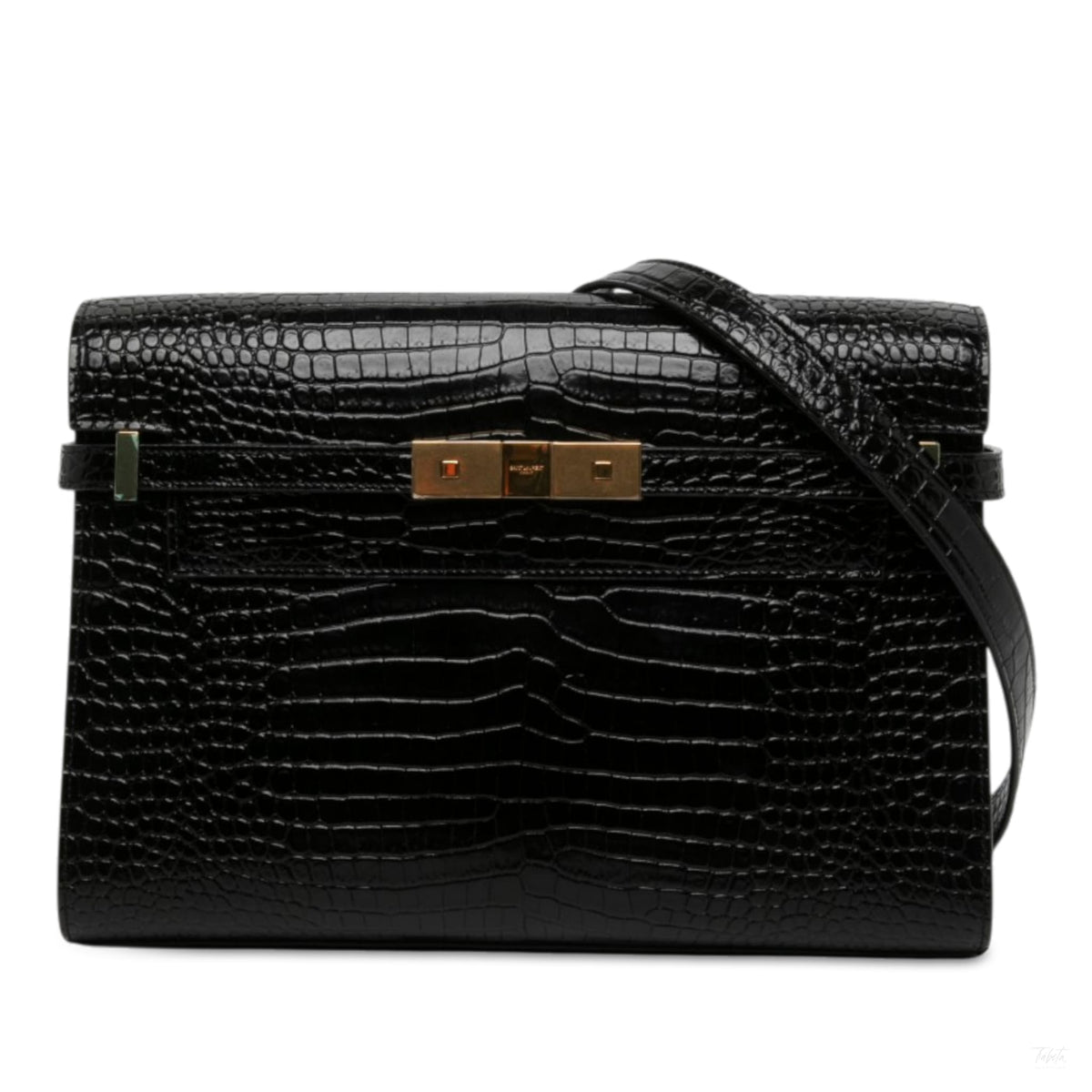 322609087 Paris Manhattan Leather Crocodile Embossed Flap Clutch Black 1